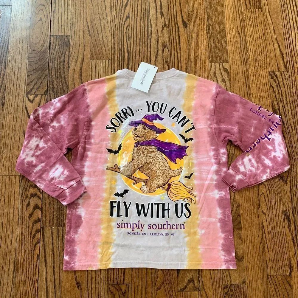 NWT New SIMPLY SOUTHERN Halloween Dog Logo Can’t Fly with Us Tie Dye Tee Kids S